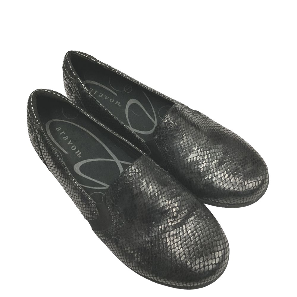Aravon Adalyn Reptile Print Leather Slip On Loafers Black Size 9.5D Comfortable